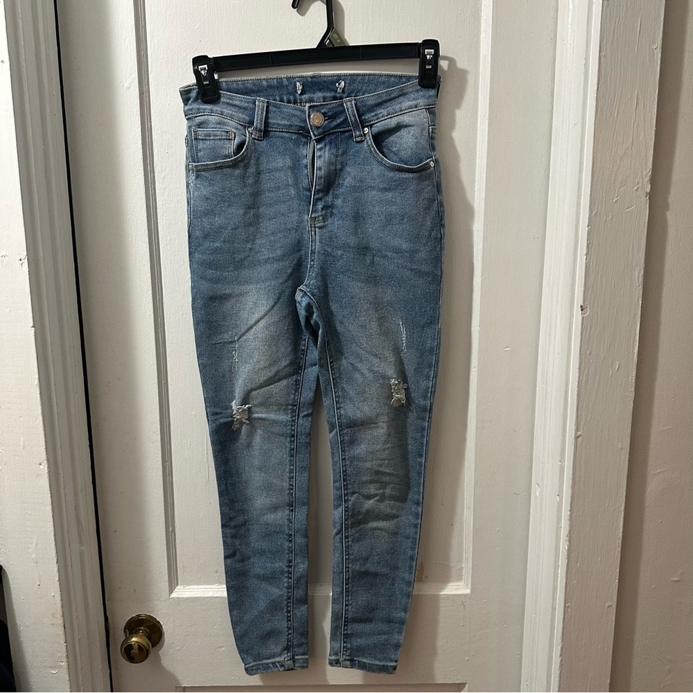Blue Savvy Skinny Jeans with‎ Distressed Knees